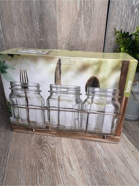 Rustic Flatware Caddy Set – 3 Glass Jars & Metal Rack by Home Essentials NIB